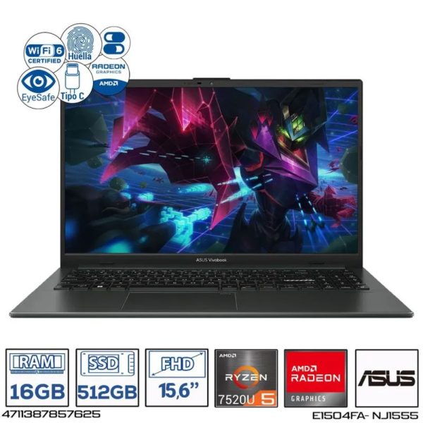 Portátil ASUS Vivobook Go 15  E1504FA-NJ1555  AMD Ryzen™ 5 7520U , 15,6 FHD, 16GB, 512  SSD, SO Keep, Mixed Black. - Imagen 3