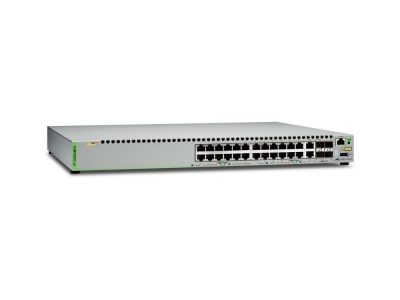 Switches Allied telesis Gigabit Ethernet Managed switch with 24 10/100/1000T POE ports, 2 SFP/Copper combo ports, 2 SFP/SFP+ uplink slots, single fixed AC power supply US Power Cord