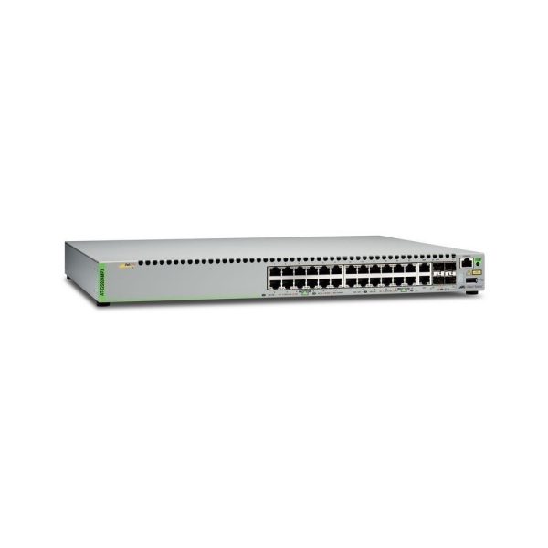Switches Allied telesis Gigabit Ethernet Managed switch with 24 10/100/1000T POE ports, 2 SFP/Copper combo ports, 2 SFP/SFP+ uplink slots, single fixed AC power supply US Power Cord