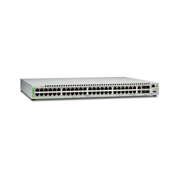 Switches Allied telesis Gigabit Ethernet Managed switch with 48 10/100/1000T POE ports, 2 SFP/Copper combo ports, 2 SFP/SFP+ uplink slots, single fixed AC power supply US Power Cord
