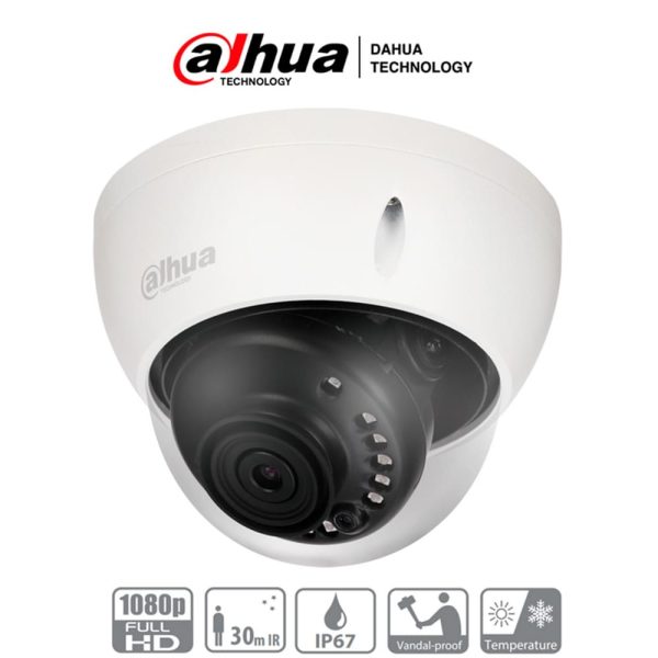Camara Dahua Domo,2MP, Lente fijo 2,8mm, 4en1 (CVI/TVI/AHD/CVBS), metal, Smart IR30m, IP67 / IK10, 12VDC.