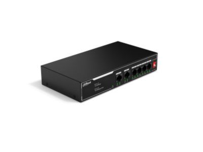 Switch Dahua PoE 6 puertos 10/100, NO ADMINISTRABLE / 4 puertos PoE, Admite los estándares 802.3af y 802.3at, Admite transmisión PoE de larga distancia de 250 m, Función de PoE watchdog