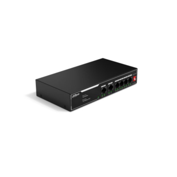Switch Dahua PoE 6 puertos 10/100, NO ADMINISTRABLE / 4 puertos PoE, Admite los estándares 802.3af y 802.3at, Admite transmisión PoE de larga distancia de 250 m, Función de PoE watchdog