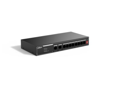 Switch Dahua PoE 10 puertos 10/100, NO ADMINISTRABLE / 8 puertos PoE, Admite los estándares 802.3af y 802.3at, Admite transmisión PoE de larga distancia de 250 m, Función de PoE watchdog.