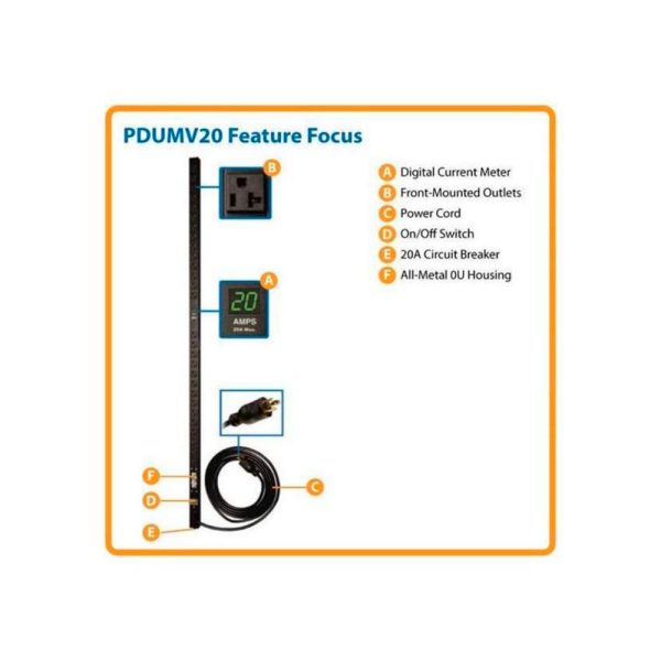 PDU Monofásico con Medidor Digital, 1.9kW 20A 120V, para instalación Vertical de 0U en Rack 28 Tomac