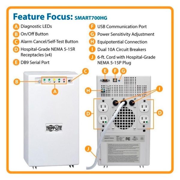 UPS SmartPro Interactivo de Grado Médico en Torre 120V 700VA 450W con 4 Tomacorrientes, Aislamiento Completo, USB, DB9 - Imagen 4