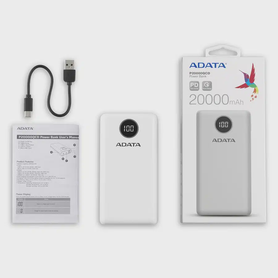 POWER BANK ADATA P20000QCD - CARGA RAPIDA - 20000MAH - 2 PUERTOS USB - 1 TIPO C - PANTALLA INDICADORA DE CARGA - BLANCA