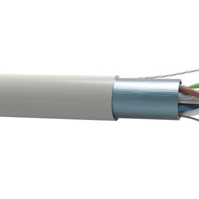 Cable Gigalan F/UTP Cat 6A LSZH color azul con conectores RJ45, sobre fondo blanco