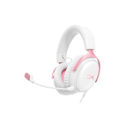 Audífonos HyperX Cloud III color blanco/rosa con micrófono, sobre fondo claro