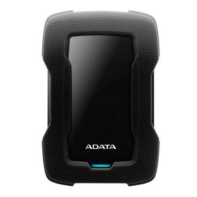 Disco duro externo ADATA AHD330 1TB color negro con diseño antigolpes sobre una mesa