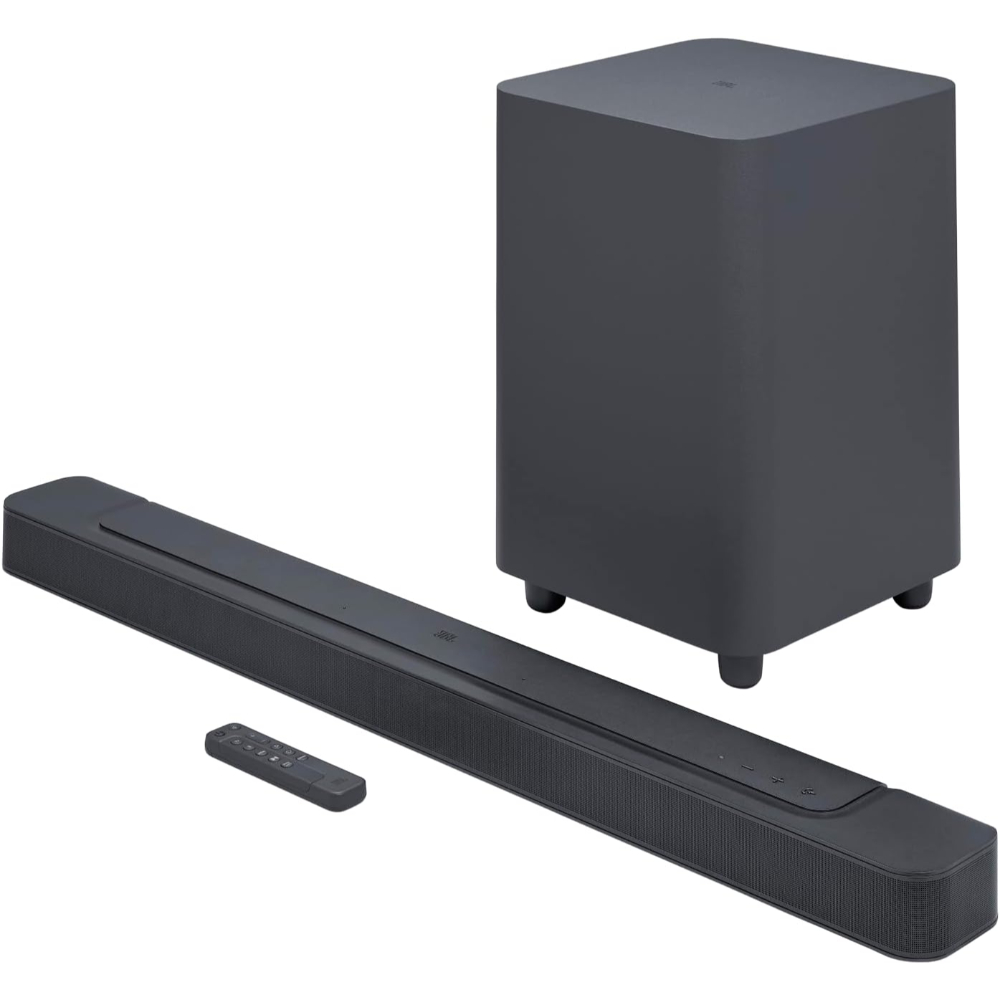 Barra de Sonido JBL 500Pro color negro con subwoofer inalámbrico en configuración de cine en casa